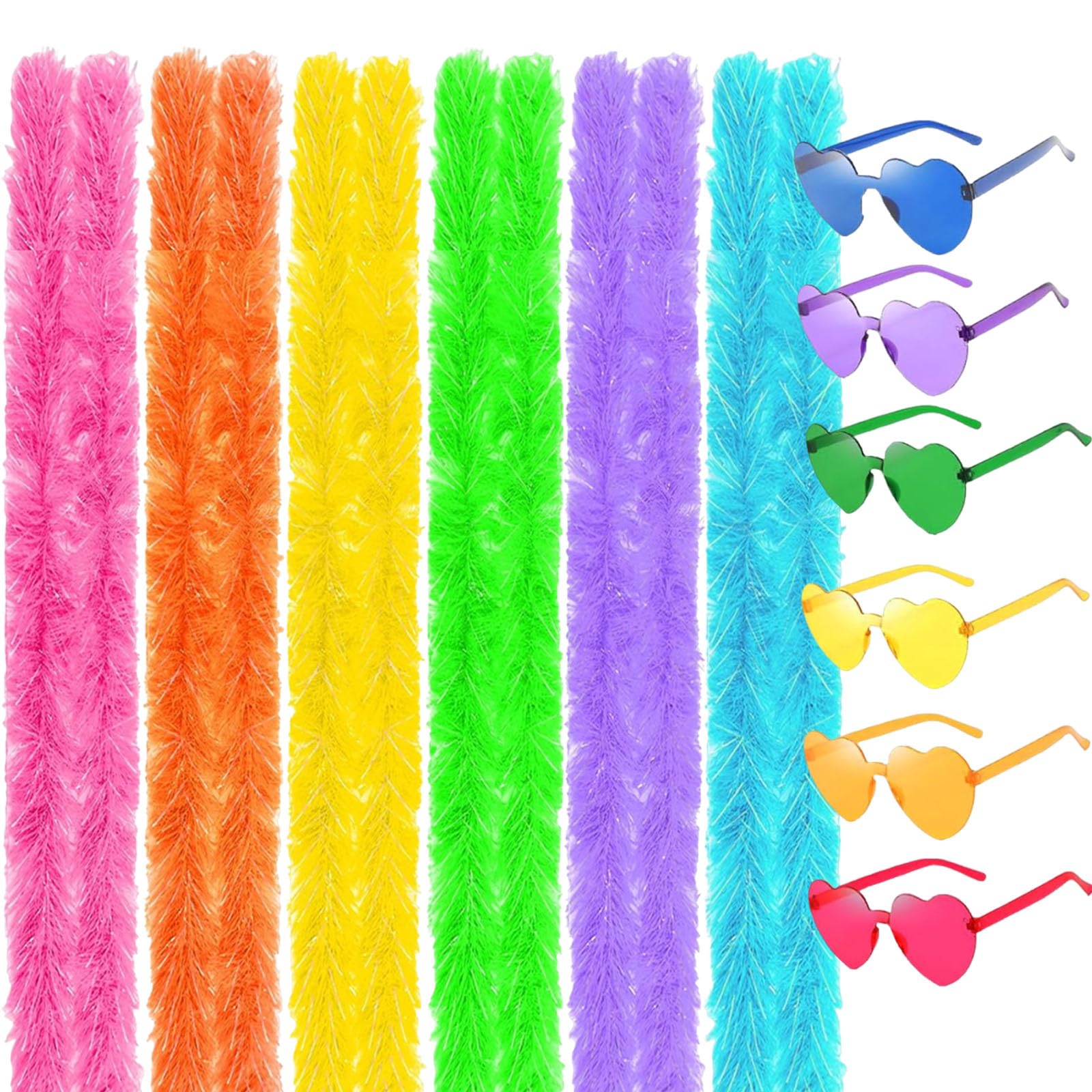 12 PCS Feather Boa Set, Feather Boas Multipack, Colorful Feather Boas for Prom, Wedding Party, Role Play, Carnival, Halloween Accessories for Women, With Heart-Shaped Frameless Sunglasses