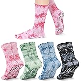 Jspupifip 4 Pairs Women Tie Dye Yoga Socks with Grips Non Slip Grip Crew Socks Colorful Grippy Socks for Pilates Barre Home