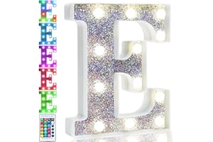 Pooqla Colorful Light Up Letters, Silver LED Marquee Letter Lights Battery Operated,16 Colors Glitter Alphabet Letter Sign Night Lights for Girls Birthday Party Wedding Bedroom Decoration, Letter E