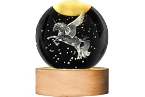 AOFEGRLT Unicorn Figurine Crystal Ball Lamp with LED Stand, 3D Laser Engraved Glass Sphere Decorative Balls Paperweight(60mm)