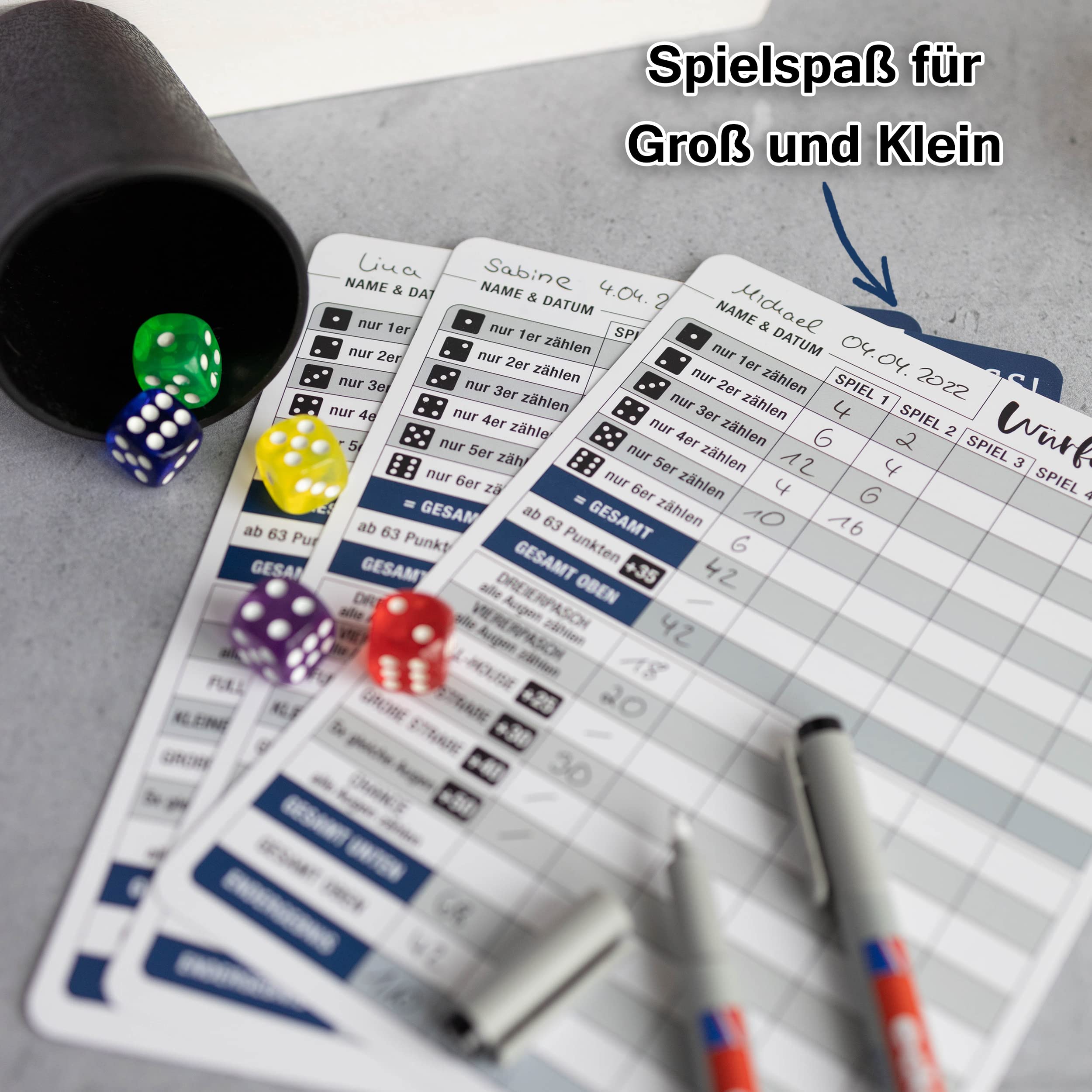 TOBJA Würfelspiel abwischbar inkl. Stifte - 5X DIN A5 Blätter wiederverwendbar mit 2 Stiften | Für Senioren Extra große Schrift/Zahlen | Reisespiele Seniorenspiele (5X abwischbar + Stifte) 6