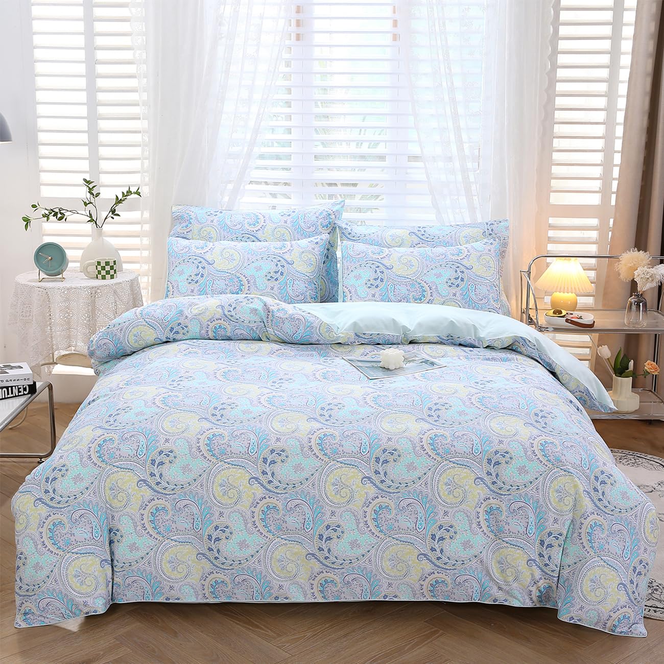 STYHO Floral Duvet Covers Double Size 3 Pieces Light Blue Paisley Bedding Sets with Pillowcases Soft Reversible Silky Egyption Cotton Duvet Cover Set for All Seasons(Light Blue, Double)