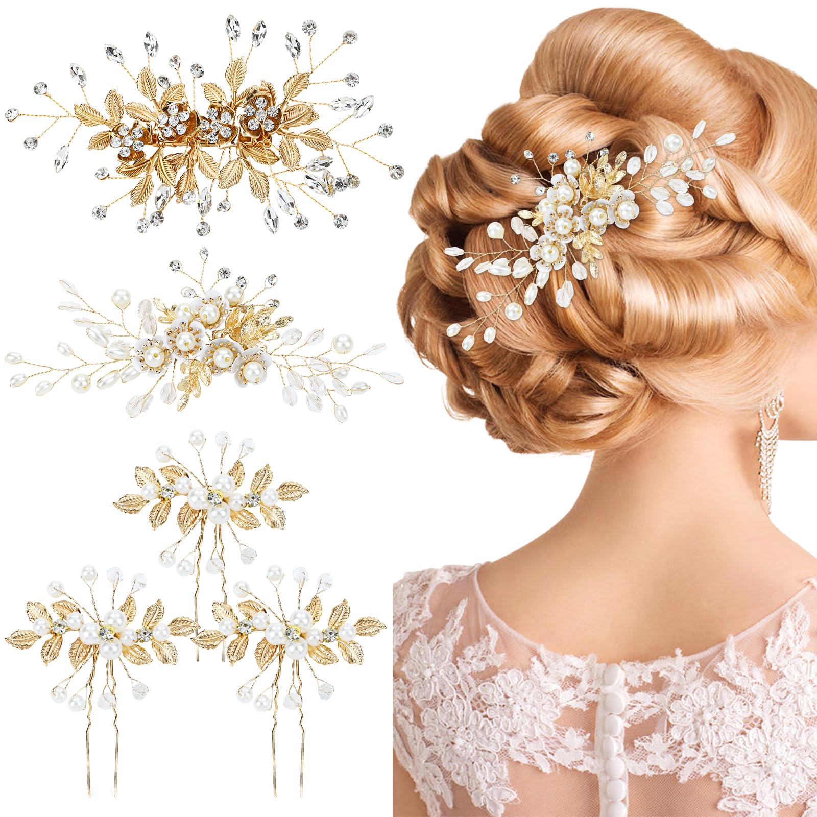 Photo 1 of inSowni 5 Pieces Gold Metal Pearl Rhinestone Wedding Bridal Leaf Flower Hair Clips Barrettes+U-shaped Floral Hair Pins Accessories Headpieces for Brides Bridesmaids Women Girls