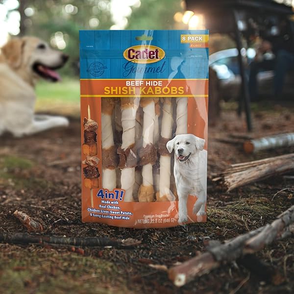 CADET GOURMET SHISH KABOB DOG TREATS FOR LARGE DOGS, HEALTHY & NATURAL CHICKEN & SWEET POTATO CHEW STICKS, BEEF HIDE, EXTRA LARGE 10 INCH, 4 COUNT (PACK OF 1)