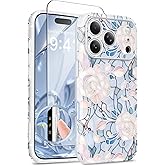 GVIEWIN for iPhone 17 Pro Case for Women, [Compatible with MagSafe] [Upgraded Full Camera Protection], Stylish Floral Shockproof Protective Phone Case for iPhone 17 Pro 6.3", Roselure/Blue