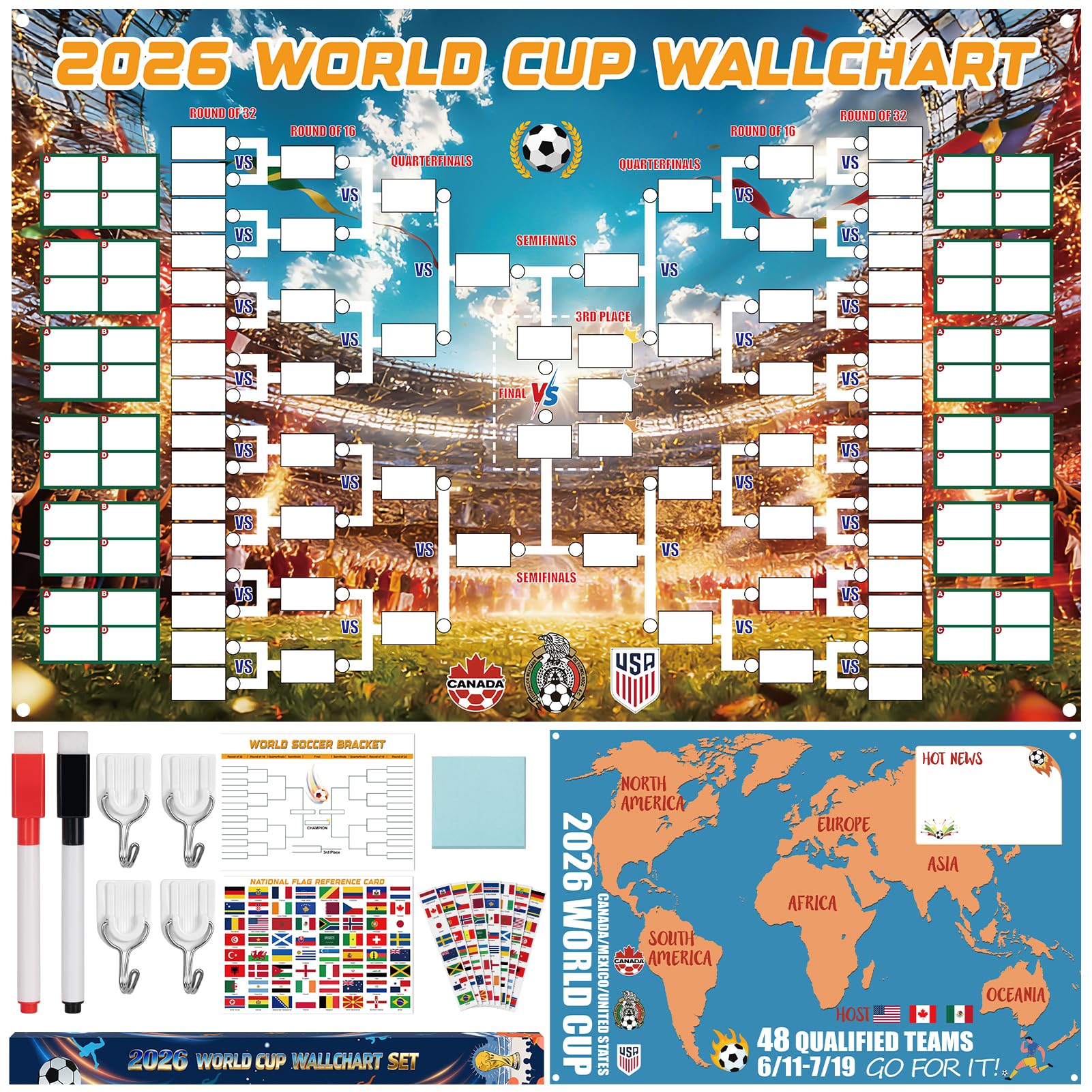 k kernowo 2026 world cup wallchart set, diy soccer world cup schedule poster with 64 reusable nation