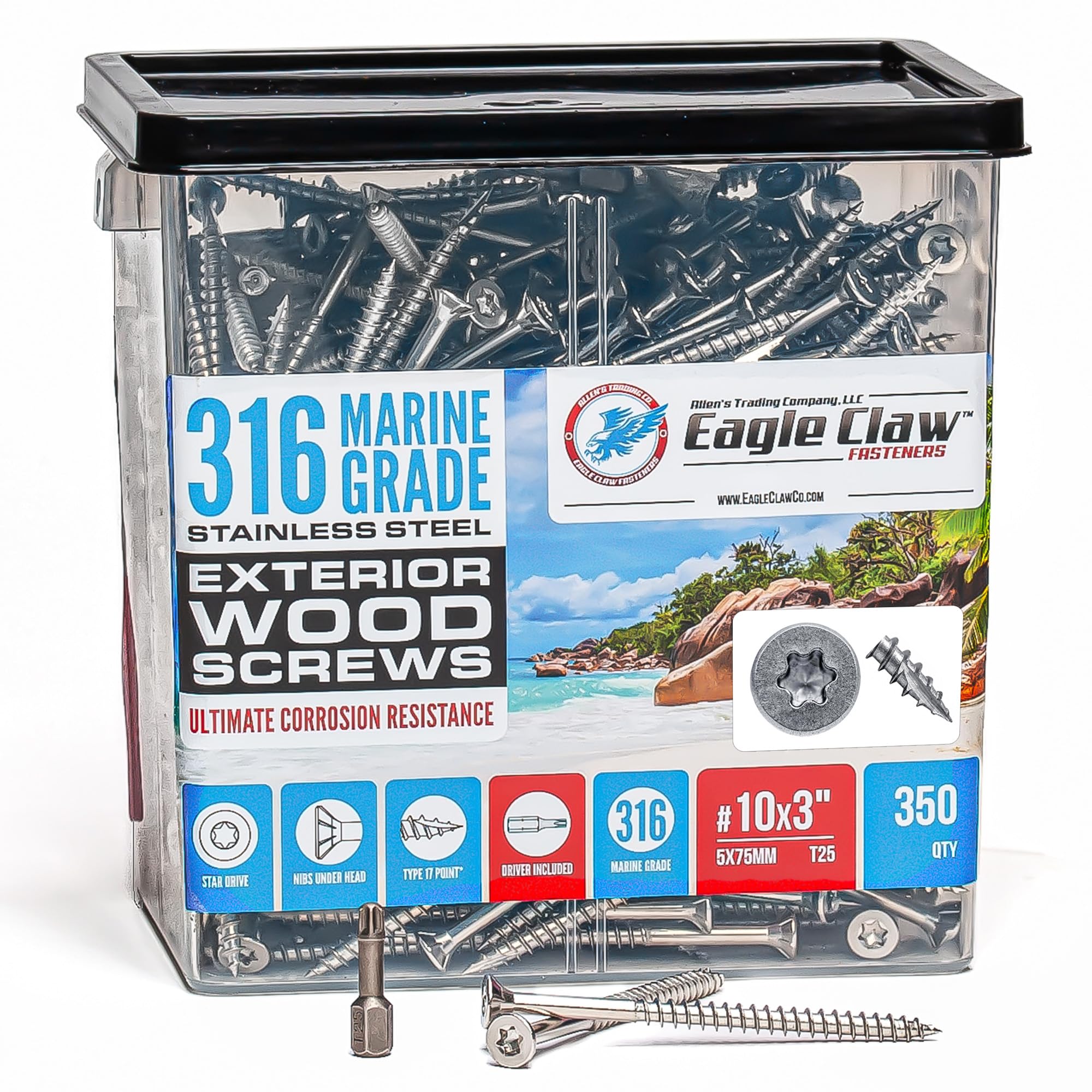 Allen's Trading Co. #10 x 3 Inch 316 Stainless Steel Screws Marine Grade (350 Pack, T25 Star) | Stainless Steel Wood Screws w/Driver Bit | High Corrosion Resistance for Coastal Construction