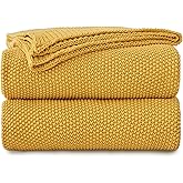 Longhui bedding Mustard Yellow Cotton Cable Knit Throw Blanket for Couch Sofa Bed, Home Decorative Lightweight Knitted Blankets with Bonus Laundering Bag, 60“ x 80”, Machine Washable