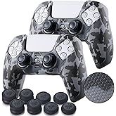 YoRHa Grip Texture Silicone Skin for PS5 Controller x 2(Grey Camouflage) with Pro Thumb Grips x 8