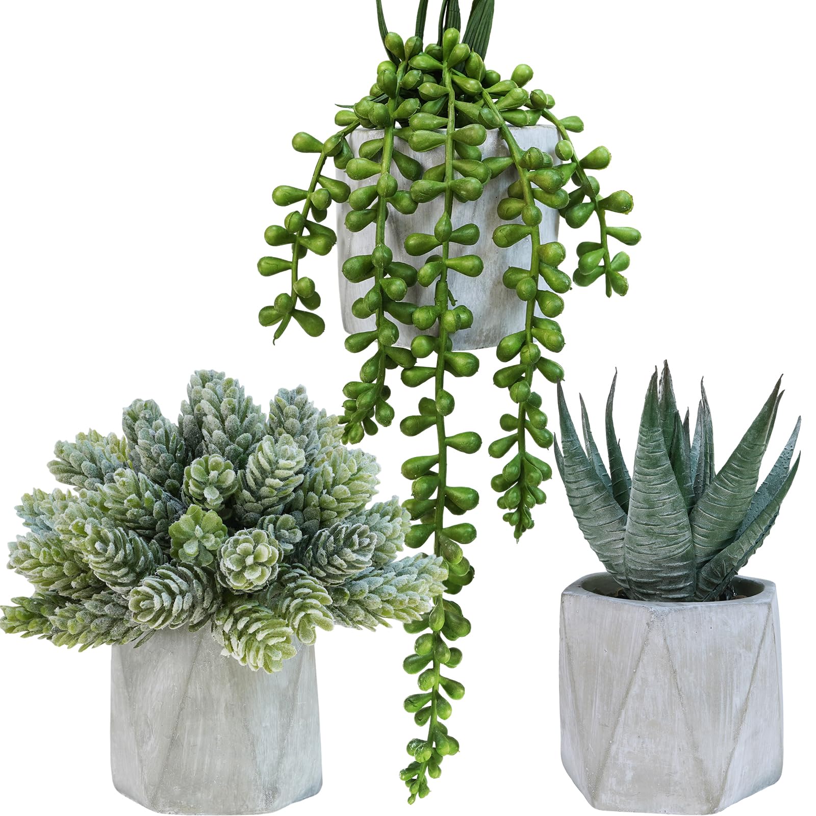 Photo 1 of Winlyn Set of 3 Mini Artificial Succulent Plants Potted Small Fake Aloe Hops String of Pearls Plants in Gray Hexagon Ceramic Pots for Modern Home Office Desk Living Room Kitchen Table Shelf Décor