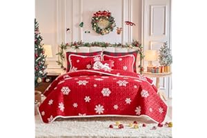 Flysheep Christmas Quilt Set 2 Pieces Twin Size, White Snowflake on Red Xmas Holiday Design Reversible Bedspread Coverlet Set, Soft Microfiber Lightweight Bed Cover for Kids (1 Quilt+ 1 Pillow Sham)