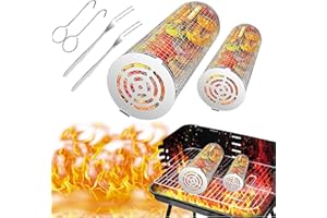 M MITLINK 2 Pack Rolling Grilling Basket, BBQ Net Tube, Greatest Grilling Basket Ever, Round Stainless Steel BBQ Grill Mesh, Camping Barbecue Rack for Vegetables, French Fries, Fish