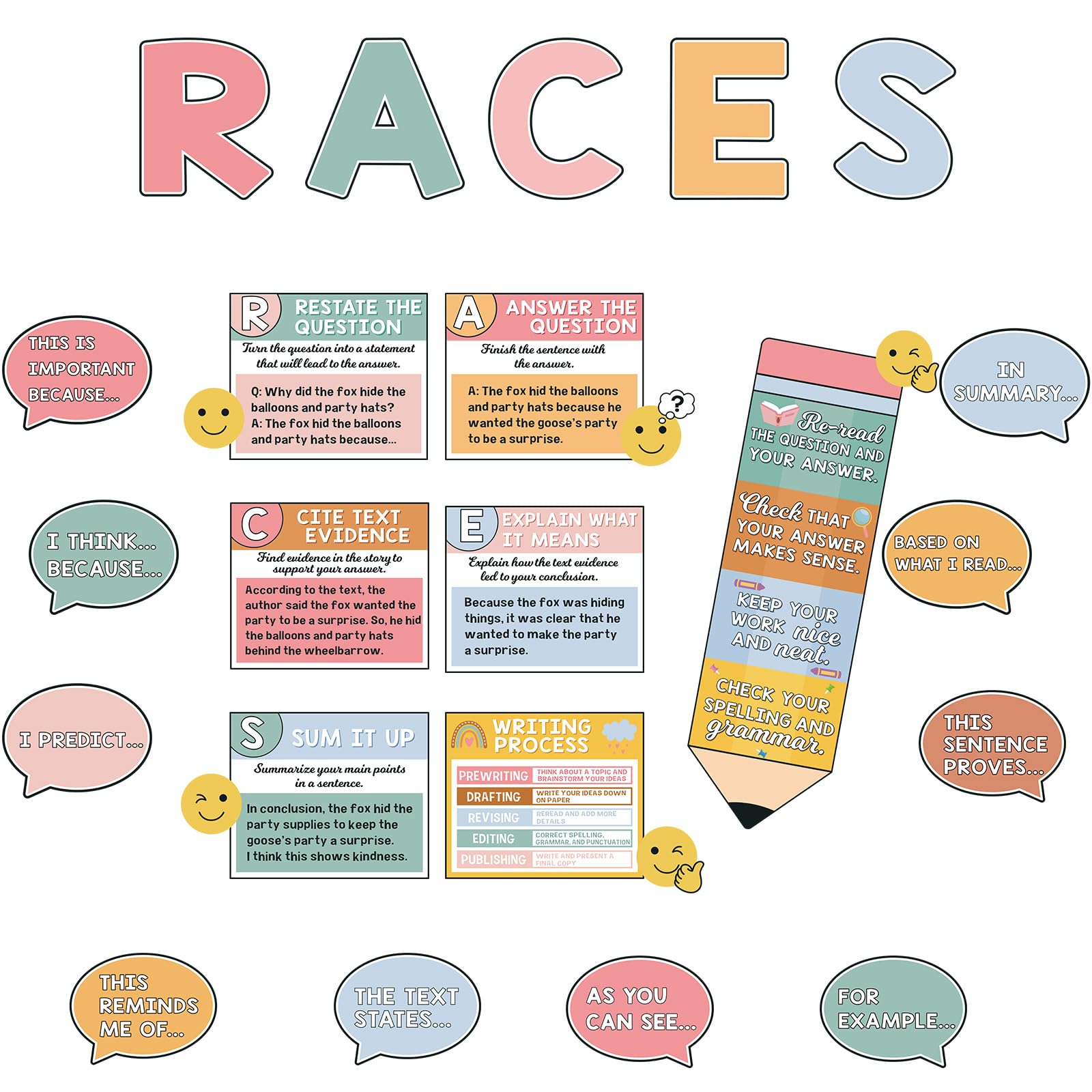 Photo 1 of Pasimy Boho Races Writing Strategy Bulletin Board Set Writing Process Posters for Classroom Decorations Races Alphabet Pencil with Sentences Poster Bulletin Board Cutouts Elementary Middle School