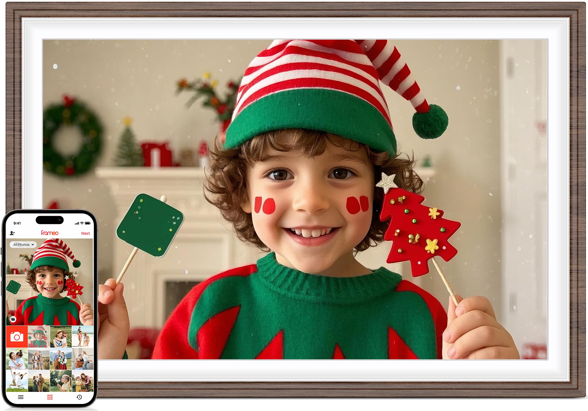 Photo 1 of Frameo 10.1" Wood WiFi Digital Picture Frame with 32GB Memory, 1280 x 800 IPS HD Touch Screen Electronic Photo Frame, Auto-Rotate, Slideshow, Wall Mountable, Share Photos/Video Remotely Anywhere