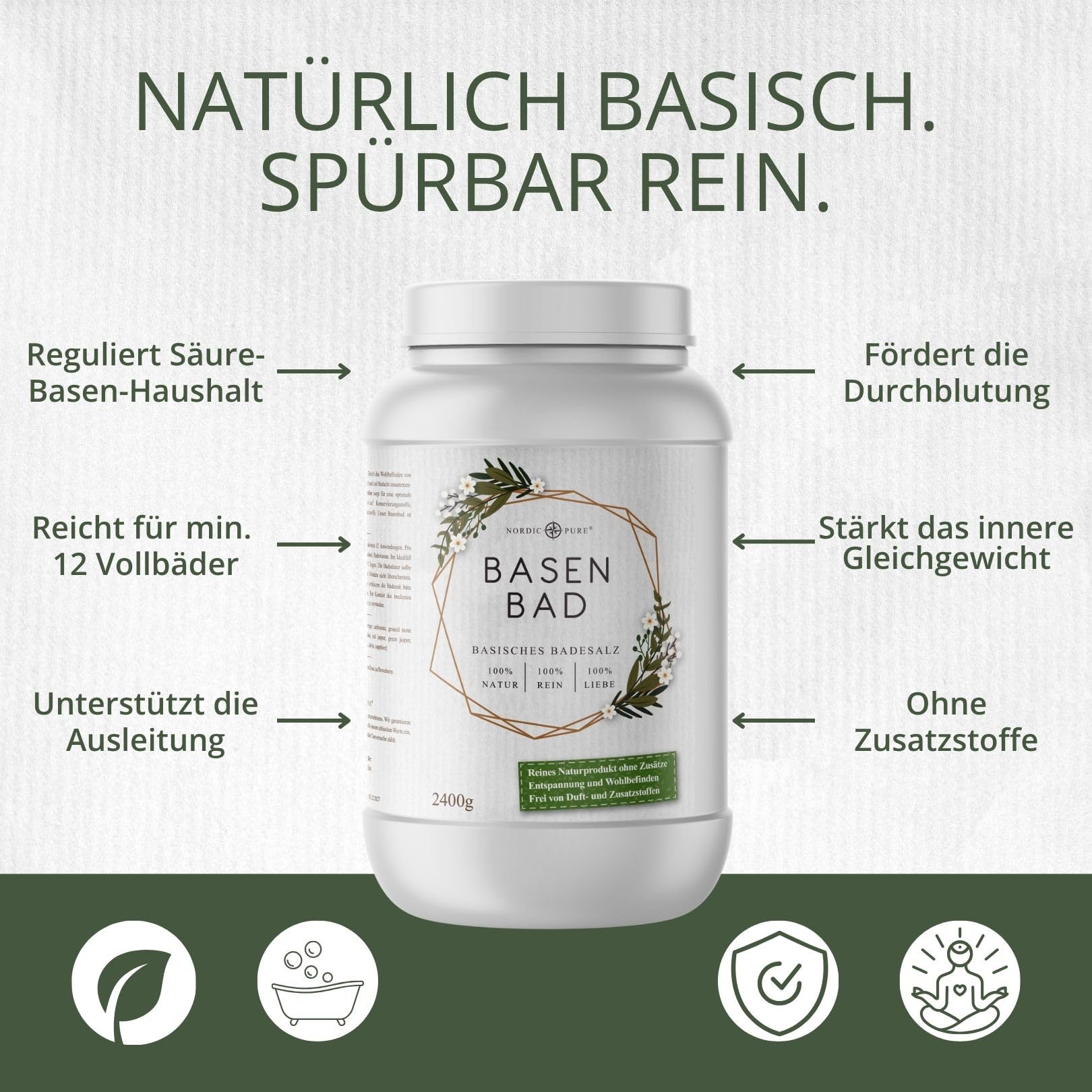 Basen-Bad von Nordic Pure 2400g | Basischer Badezusatz Made in Germany | Basisches Wellness-Badesalz Perfekt für ein Vollbad, Sitzbad, Fußbad oder Handbad 6