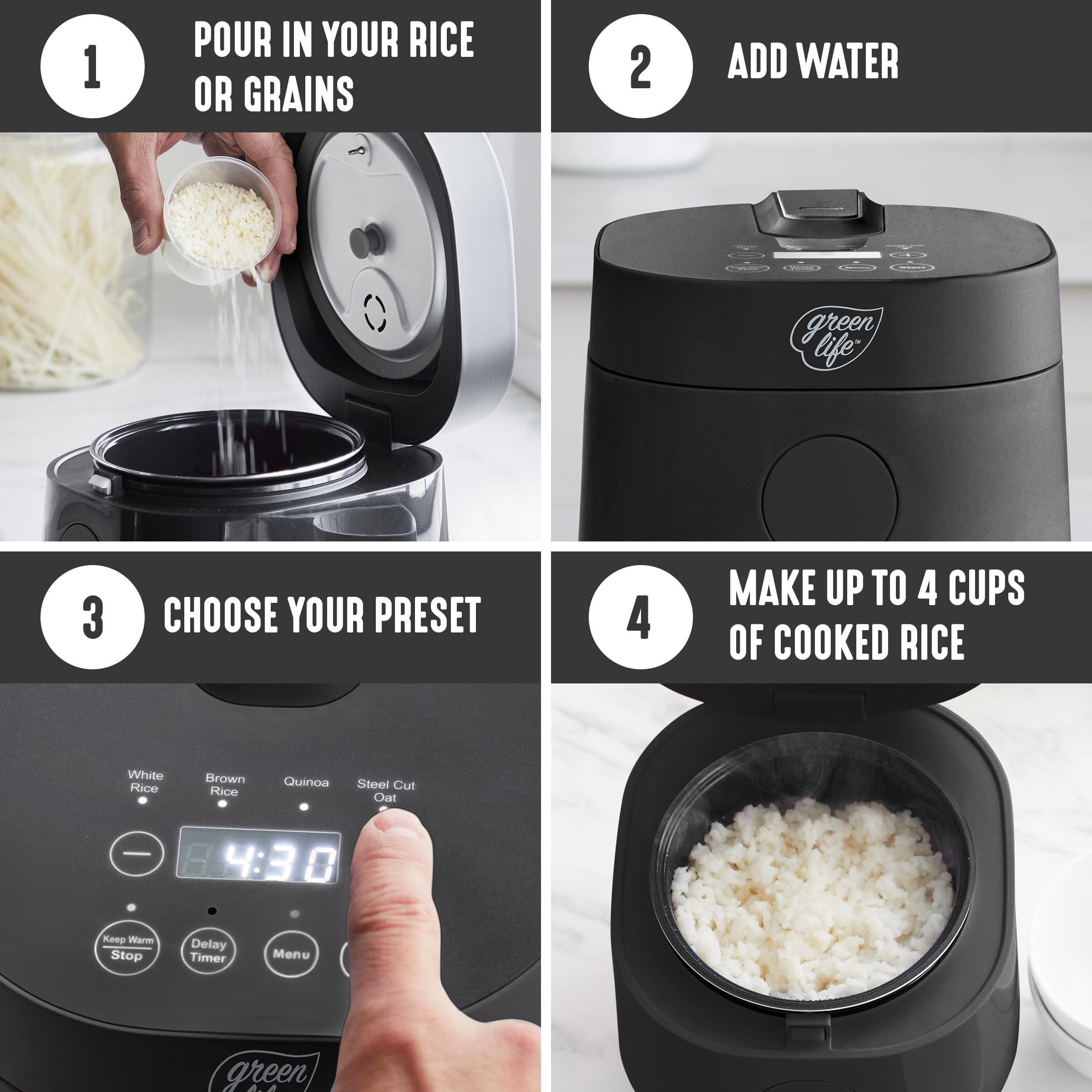 GreenLife Digital Rice Cooker, 2-Cups Uncooked/4-Cups Cooked, Removable Nonstick Ceramic PFAS-Free Pot, One-Touch Presets, Oats, Quinoa, Brown Rice, Auto Keep Warm, Fuzzy Logic Tech, 1.5QT, Black