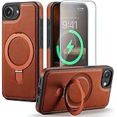 CHEEWADA for iPhone 16E Case with Stand Compatible with Magsafe Slim PU Leather & Durable TPU Drop Proof Magnetic Kickstand Protective Phone Cover with Tempered Glass Screen Protector 16e 2025, Brown