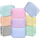 Sanwuta 9 Pcs Seersucker Cosmetic Bag Bulk Pinstripe Makeup Bag for Women Aesthetic Cute Travel Toiletry Organizer Preppy Storage Pouch for Wedding Bridesmaid Christmas Gift (Large, Candy Color)