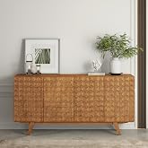 NTC Sapa Mid-Century Modern Solid Wood Sideboard &ndash; 4-Door Accent Buffet Cabinet with Carved Geometric Fronts, for Living Room, or Entryway, Effortless Assembly, Teak Look
