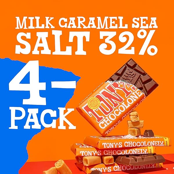 TONY’S CHOCOLONELY BELGIAN MILK CHOCOLATE CANDY BAR WITH CARAMEL & SEA SALT, CHOCOLATE BARS FOR SNACKS, PARTY FAVORS, OR GIFTS, 32% CACAO, MADE FROM QUALITY FAIRTRADE COCOA, 4 BARS, 6.35 OZ EACH