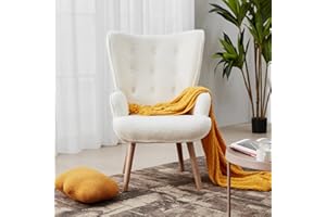 PrimeZone High Back Accent Chair - Large Mid-Century Modern Living Room Chair Reading Chair with Comfy Memory Foam Seat Cushion, Teddy Fleece Wingback Armchair for Bedroom, Corner, White
