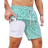 Gleeease 7inch Mens Swim Trunks: 2 in 1 Compression Stretchy Quick Dry Comfort Soft Drawstring Zipper Pockets Beach Pool