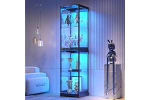 TAGELIER Glass Display Cabinet with Doors, 65" Tall 4-Tier Curio Display Case with 3 Color Lights and Human Body Sensor, Bookcase for Collectibles, Black