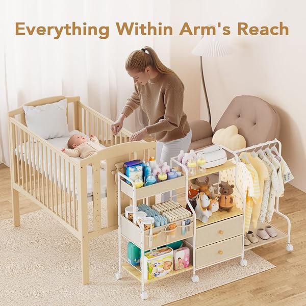 BBLIKE DIAPER CADDY ORGANIZER WITH HANGING RACK – 3 TIER ROLLING UTILITY CART WITH DRAWERS AND DIVIDERS FOR BABY BOTTLE STORAGE – BEDSIDE CART FOR CHANGING STATION, CRIB, NURSERY, BEDROOM, BEIGE