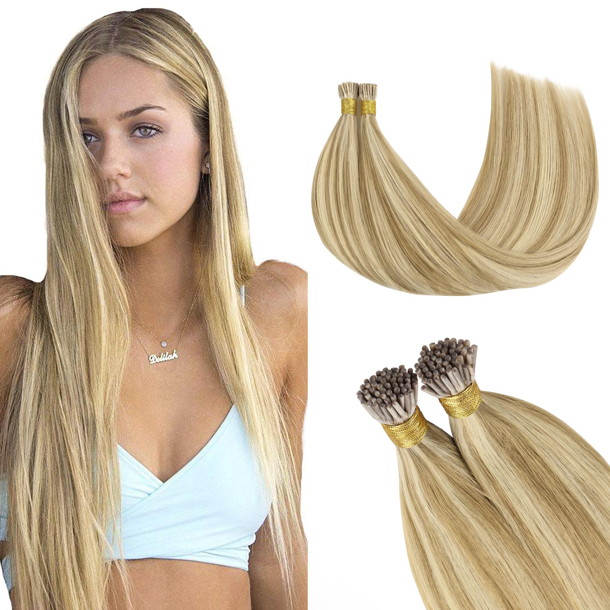 GOO GOO I Tip Hair Extensions Real Human Hair, Light Blonde and Golden Blonde 50g 50 Strands 18inch Cold Fusion I Tip Hair Extensions — image 1