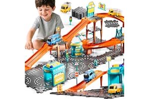 KIZONLY Puzzle Racer Kids Car Track Set, 4-Tier Race Tracks for Kids Ages 3-5 with 3 Cars, Traffic Parts, Trucks for Toddlers 2-4 Years, Floor Puzzle Tracks Car Gift for Boys Girls 3 4 5 Year Old