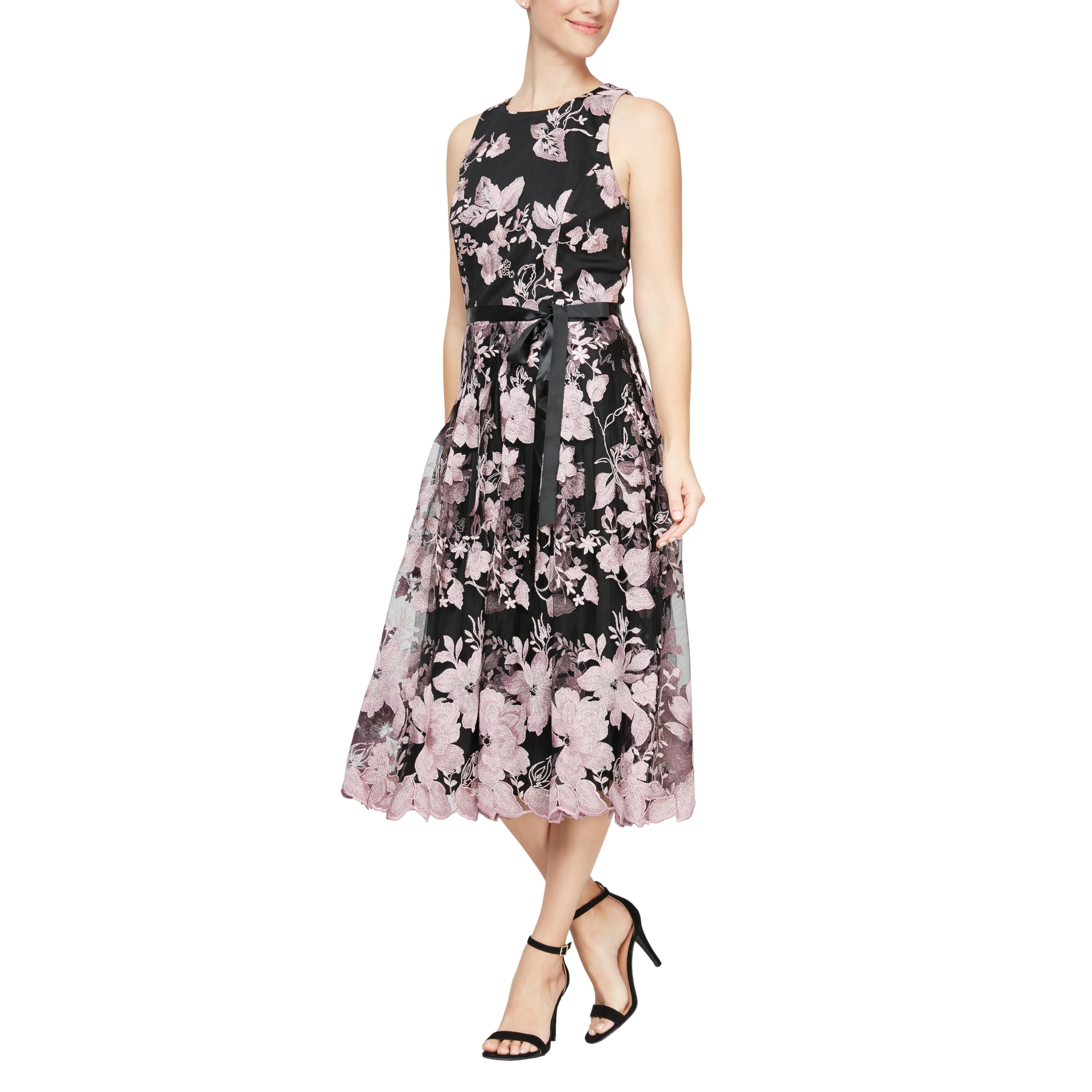 Photo 1 of Alex Evenings Women's Sleeveless Midi Dress with Elegant Embroidery, Full Skirt and Tie Belt (Petite and Regular Sizes), Black and Rose
