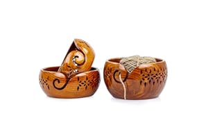 Nagina International Rosewood Crafted Wooden Yarn Storage Bowl With Carved Holes & Drills | Knitting Crochet Accessories (Set)