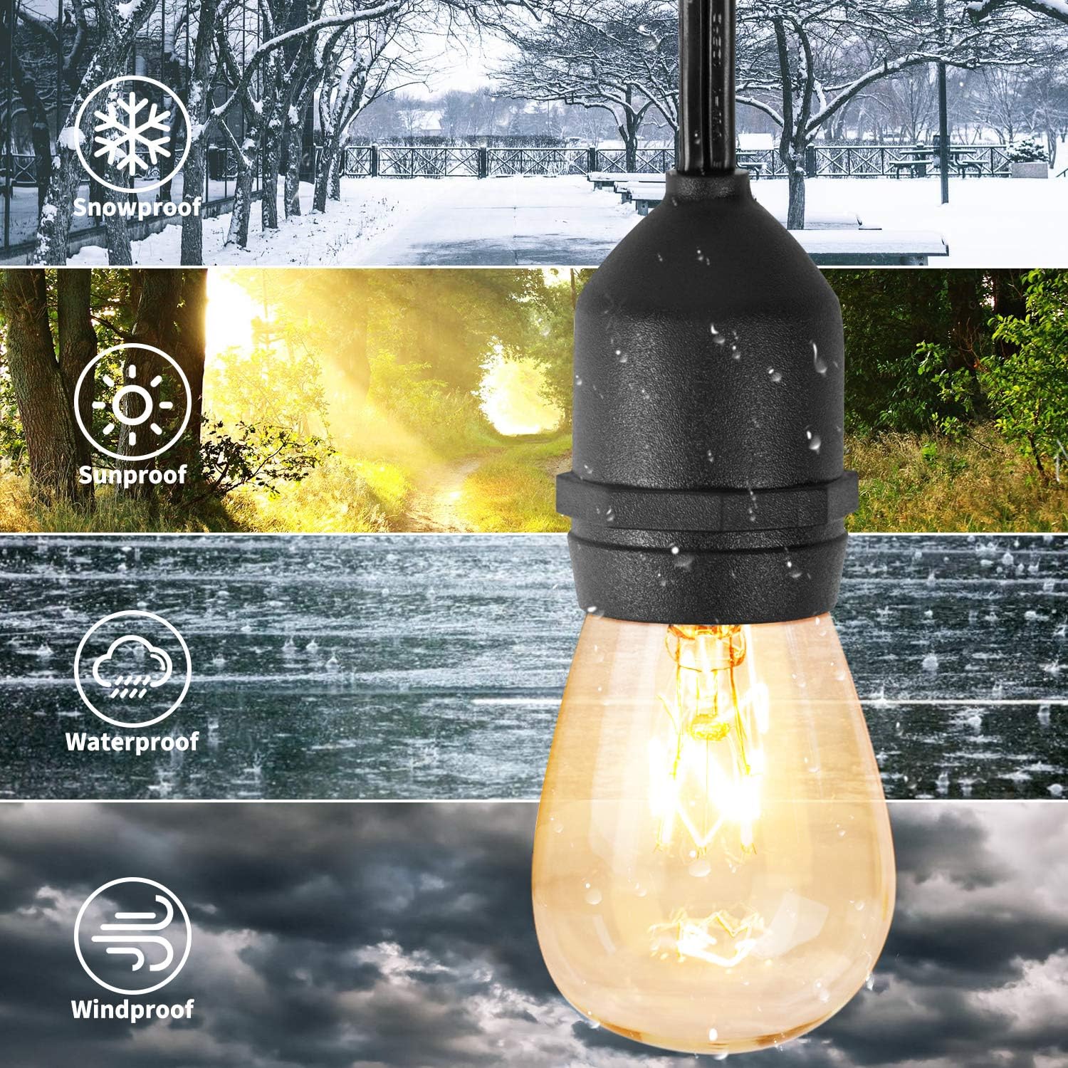 Minetom 48Ft Outdoor String Lights with 15 Hanging Sockets & S14 Edison Bulbs, UL Listed Commercial Grade Connectable Weatherproof Strand for Patio Deck Backyard Garden Porch Cafe Wedding Party, Black - - 