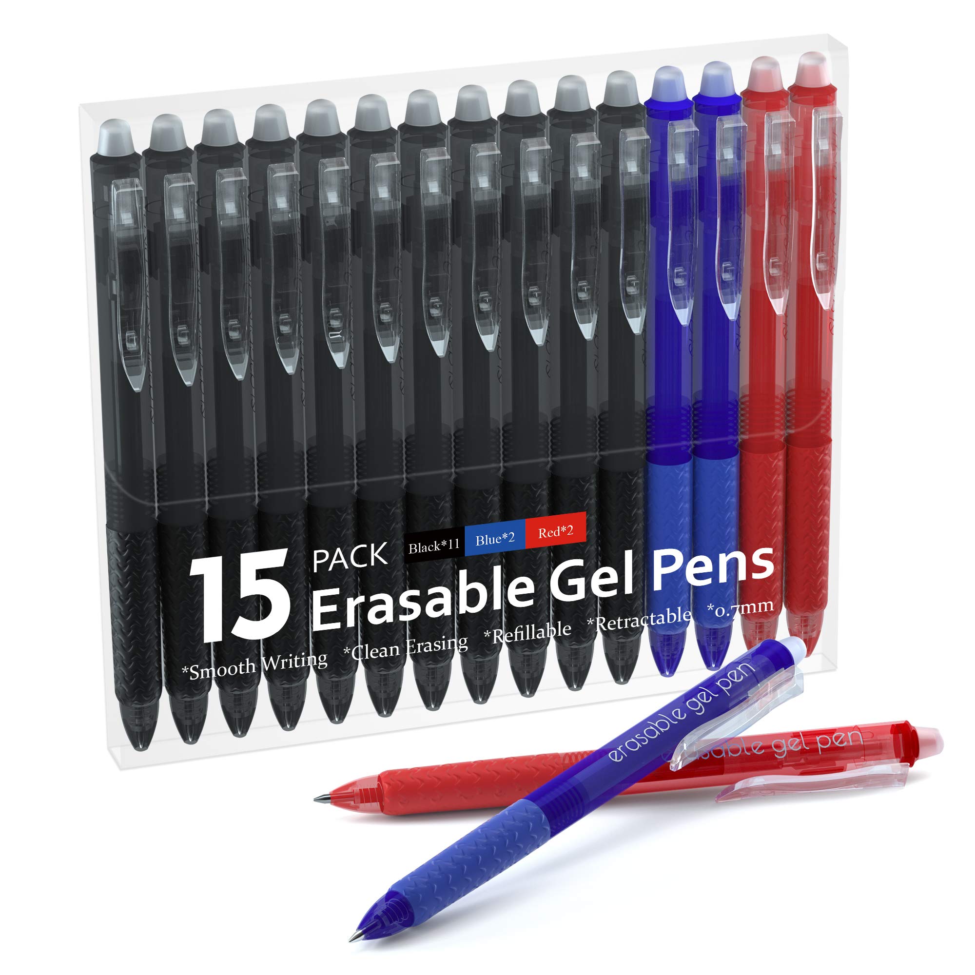 Erasable Gel Pens, 15 Pack Lineon Erasable Pens, 11 Black 2 Blue 2 Red Retractable Gel Ink Rollerball Pen for Writing Planner Crossword Puzzle
