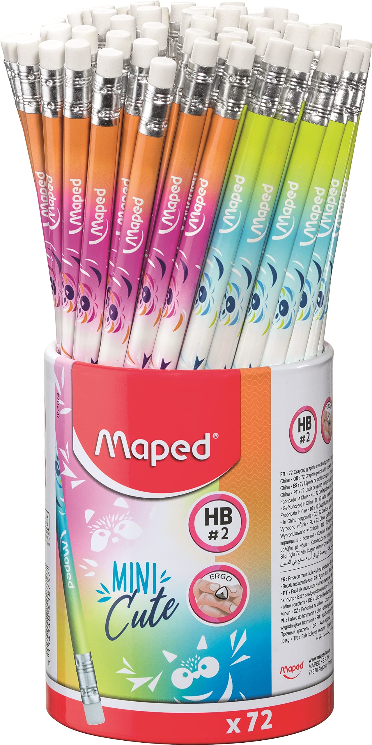 Maped - 72 Graphite Pencils Mini Cute Eraser Tip - Ergonomic Triangular Shape - Durable Grey Lead - Pot of 72 Pencils 851874 Multicoloured