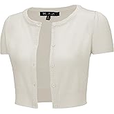 YEMAK Women's Cropped Bolero Cardigan – Short Sleeve Crewneck Basic Classic Casual Button Down Knit Soft Sweater Knitted Top