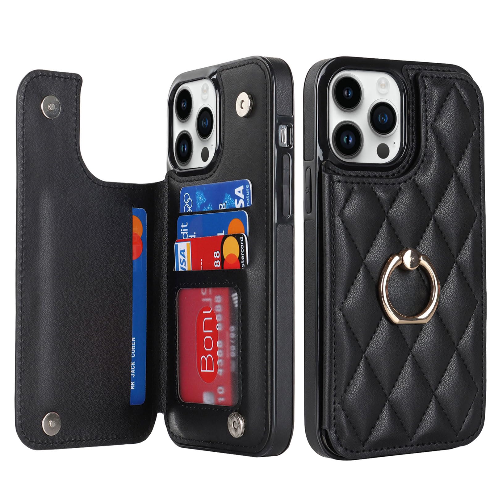 Photo 1 of IKOLYS for iPhone 13 Pro Max 6.7" Wallet Case with Card Holder, Ring Kickstand Card Slots Leather Case with Double Magnetic Clasp Phone Cover 6.7 Inch 2021, Black