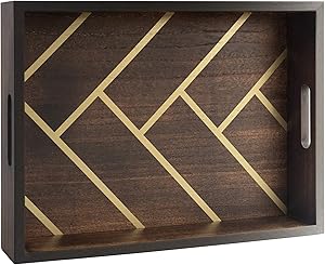 Wood Serving Tray with Handles for Coffee Table & Ottoman - Herringbone Design - 16.5 X 12 - for Breakfast, Home Accent Decor