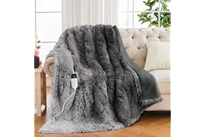 RUJIPO Heated Electric Blanket Faux Fur Throw Size with Fluffy Sherpa Back, Warming Plush Blanket Gift Soft Heating Blankets with 10 Heat Settings, 5 Time Settings, ETL 50"x60",Charcoal Grey
