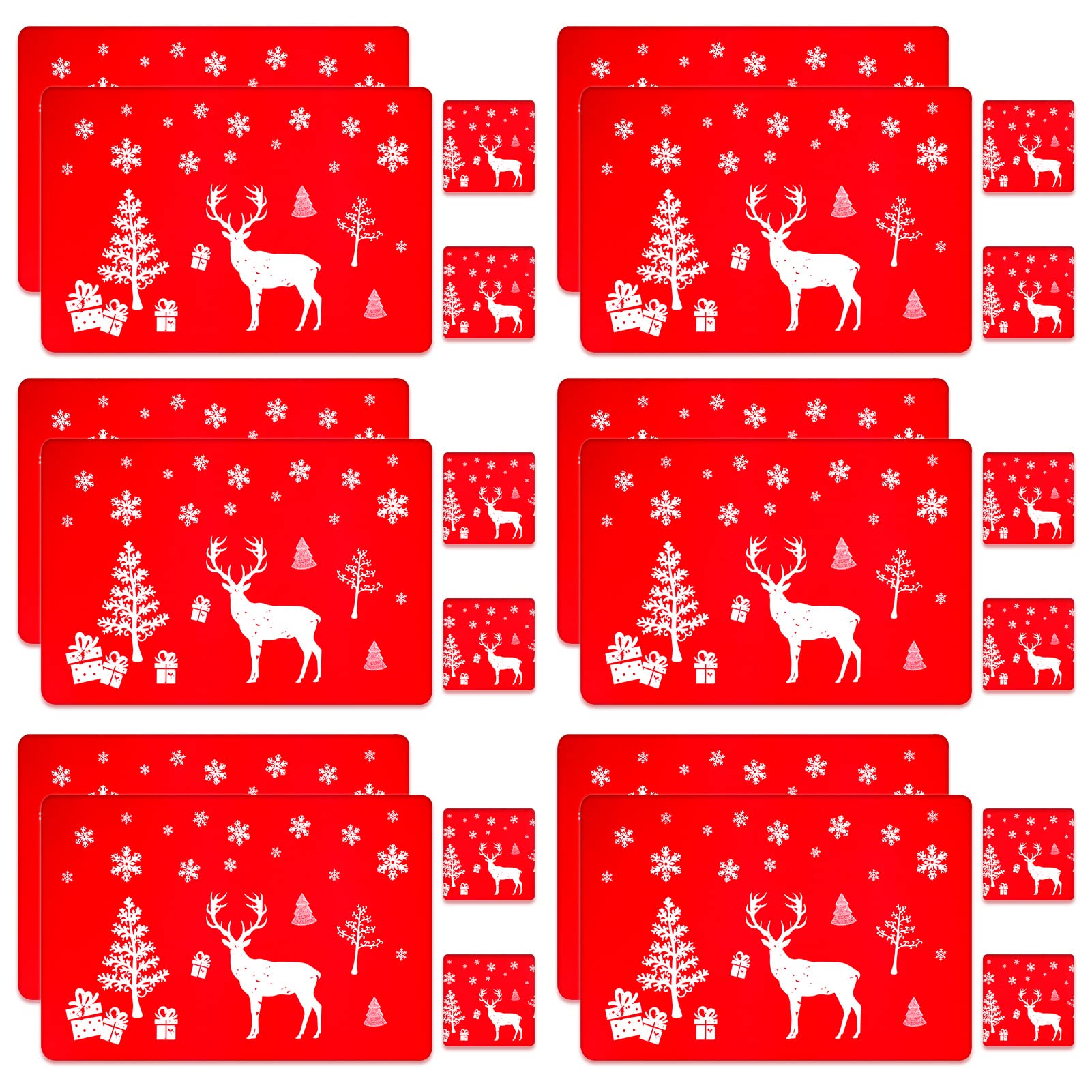 Pwsap 24PCS Christmas PVC Placemats Coasters Set, Washable Heat Resistant Reindeer Xmas Heat Resistant Placemats for Dining Table Decoration