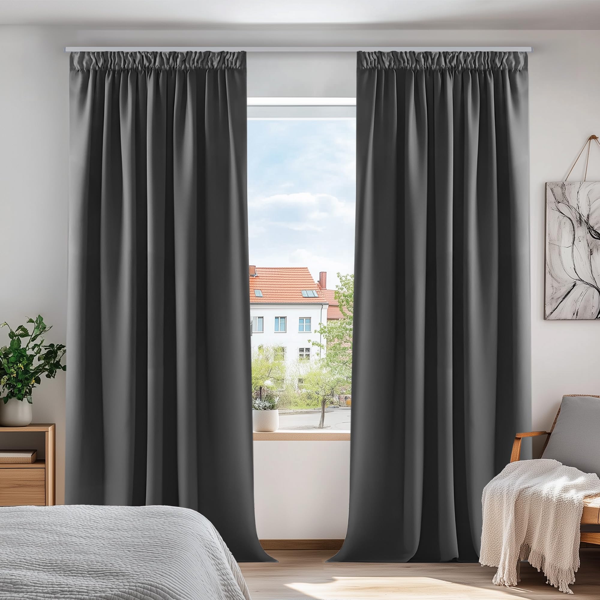 Deconovo Super Soft Solid Thermal Insulated Blackout Curtains Grey Pencil Pleat Curtains for Bedroom Dark Grey W55 x L87 Inch 2 Panels