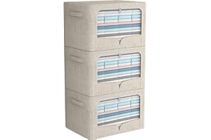 FHSQX 3 Pack Clothes Storage Bins - Foldable Metal Frame Storage Box - Stackable Linen Fabric Container Organizer Set with Carrying Handles and Clear Window (Beige, 19.7x15.7x13inch(66L))