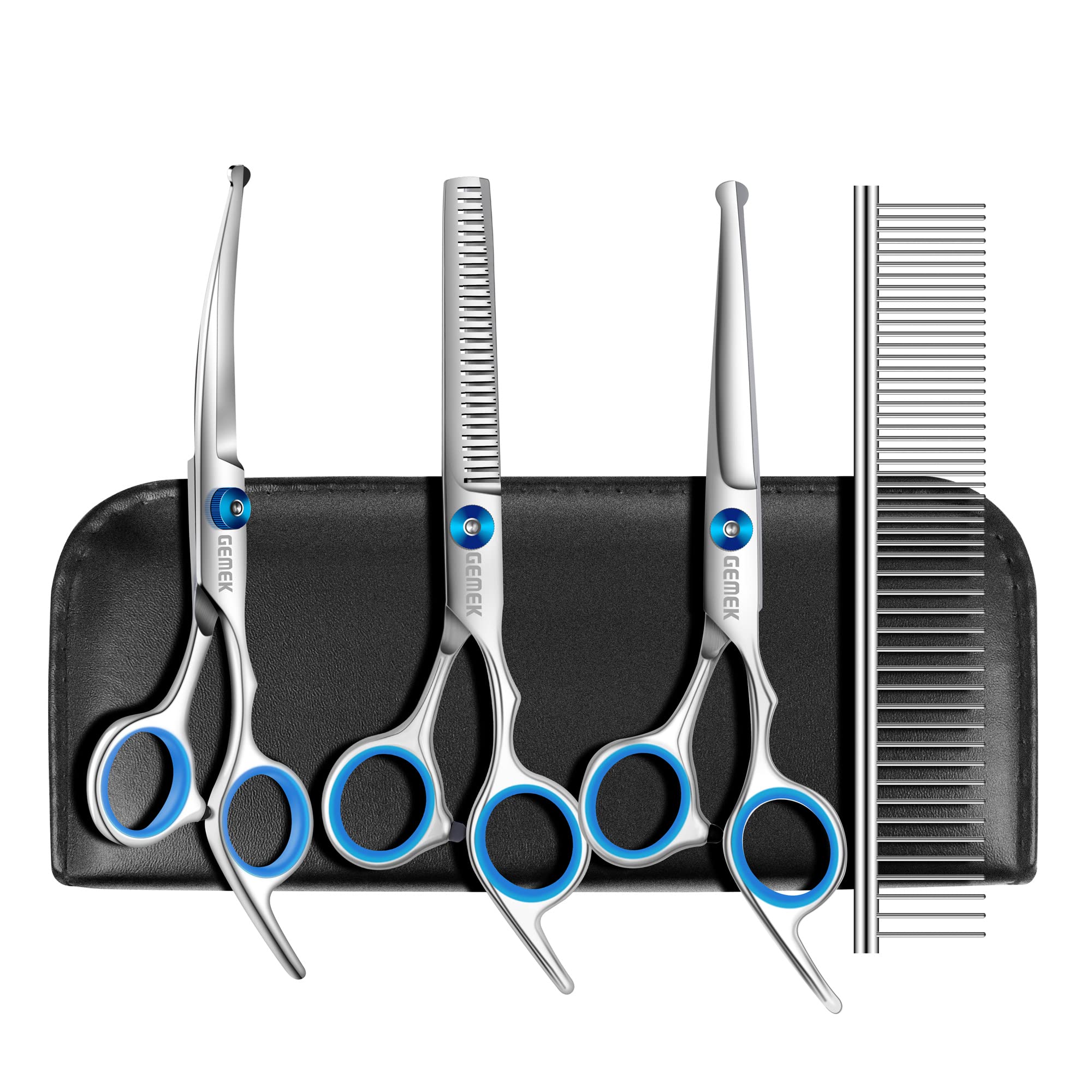 GEMEK Professional Grooming Scissors for Dogs with Safety Round Tips, Dog Grooming Scissors Set - Thinning, Straight, Curved Shears and Comb for Long Short Hair for Dog Cat Pet (Blue-5 in 1) — image 1