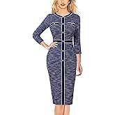 VFSHOW Womens Buttons Patchwork Work Business Office Party Bodycon Pencil Sheath Dress