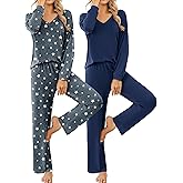 Ekouaer Womens 2 Pack Pajama Sets Long Sleeve Pajamas Top and Pants V Neck Soft Pjs Set Loungewear with Pockets