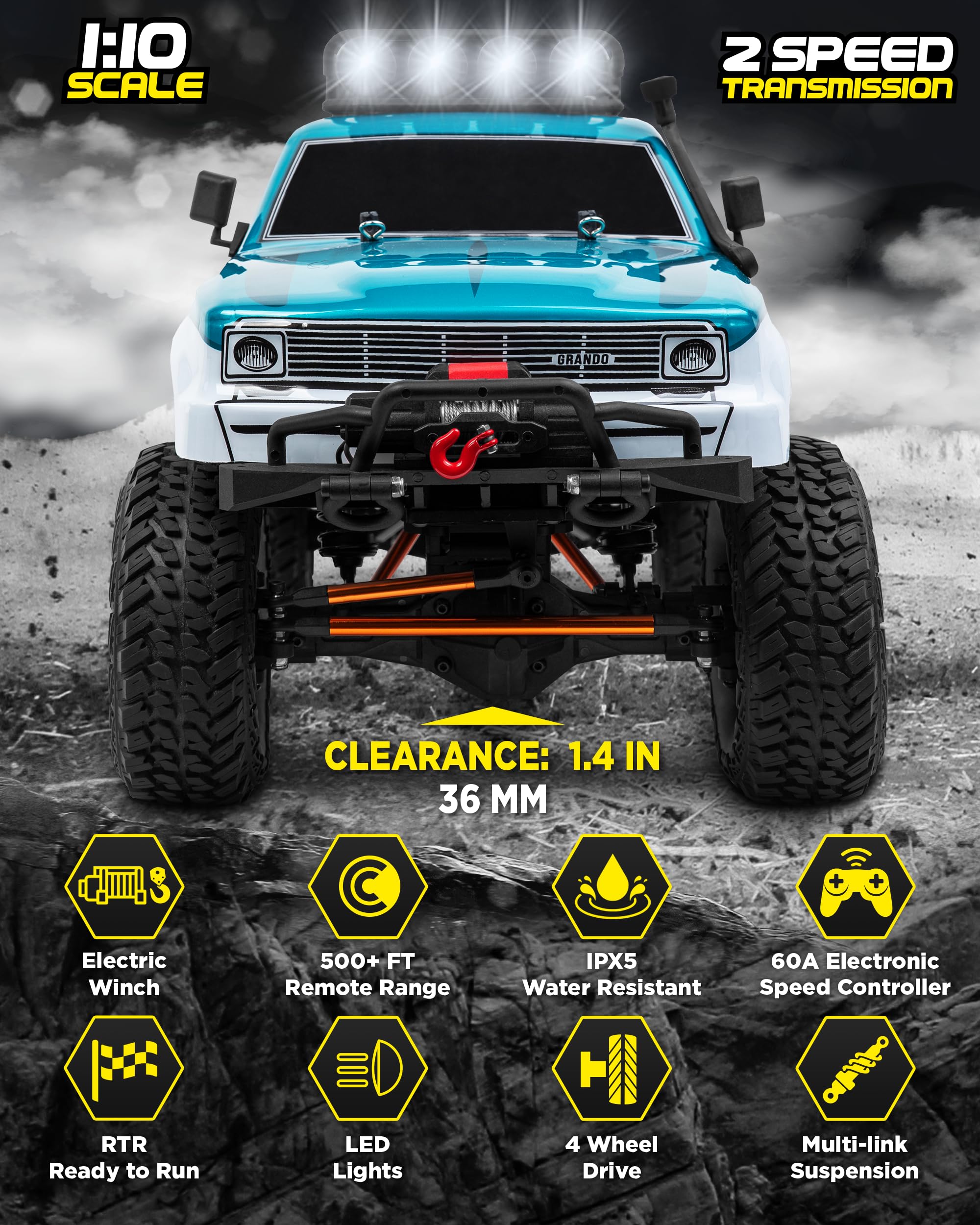 LAEGENDARY RC Crawler - 4x4 Offroad RC Truck for Adults - Fast Speed, Electric, Hobby Grade - 1:10 Scale, Brushed, Blue - Green