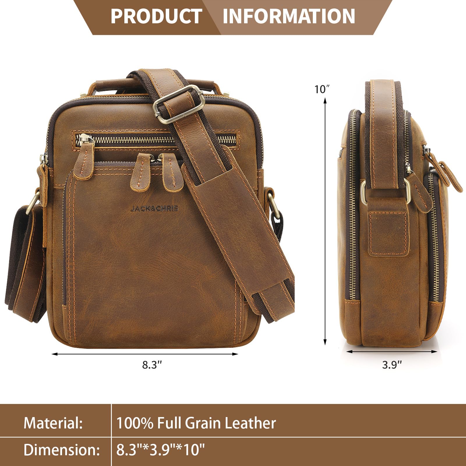 Jack&Chris Leather Messenger Bag for Men, Man Purse Crossbody Bags for Work Business