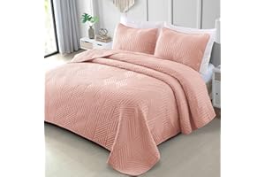 Exclusivo Mezcla Ultrasonic King Quilt Bedding Set, Lightweight Blush Pink Bedspreads Soft Modern Geometric Coverlet Set for 