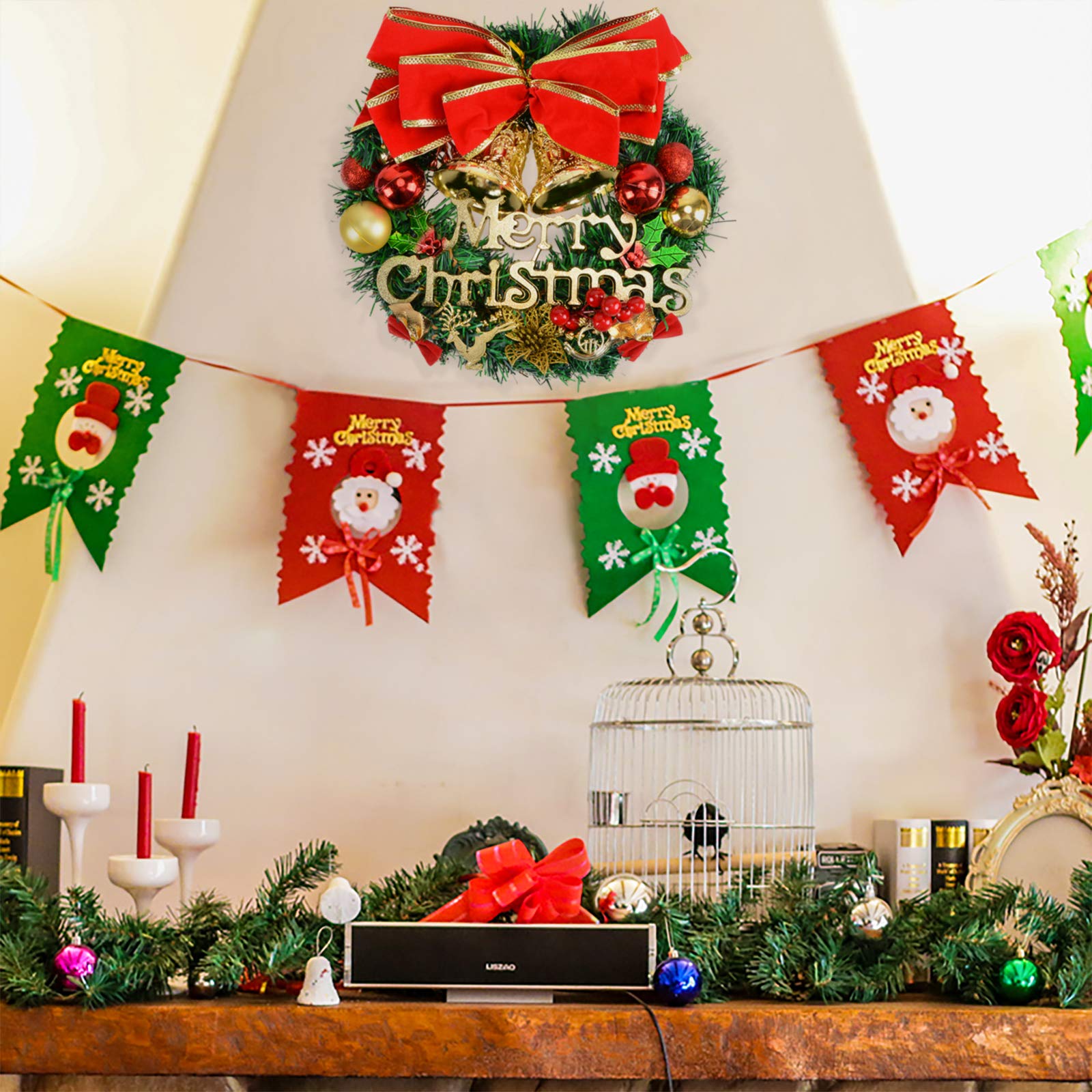 Voilamart Christmas Wreath 30CM/12Inch Artificial Garland with Bells Baubles and Red Bowknot Xmas Decorations for Fireplaces Stairs Wall Door