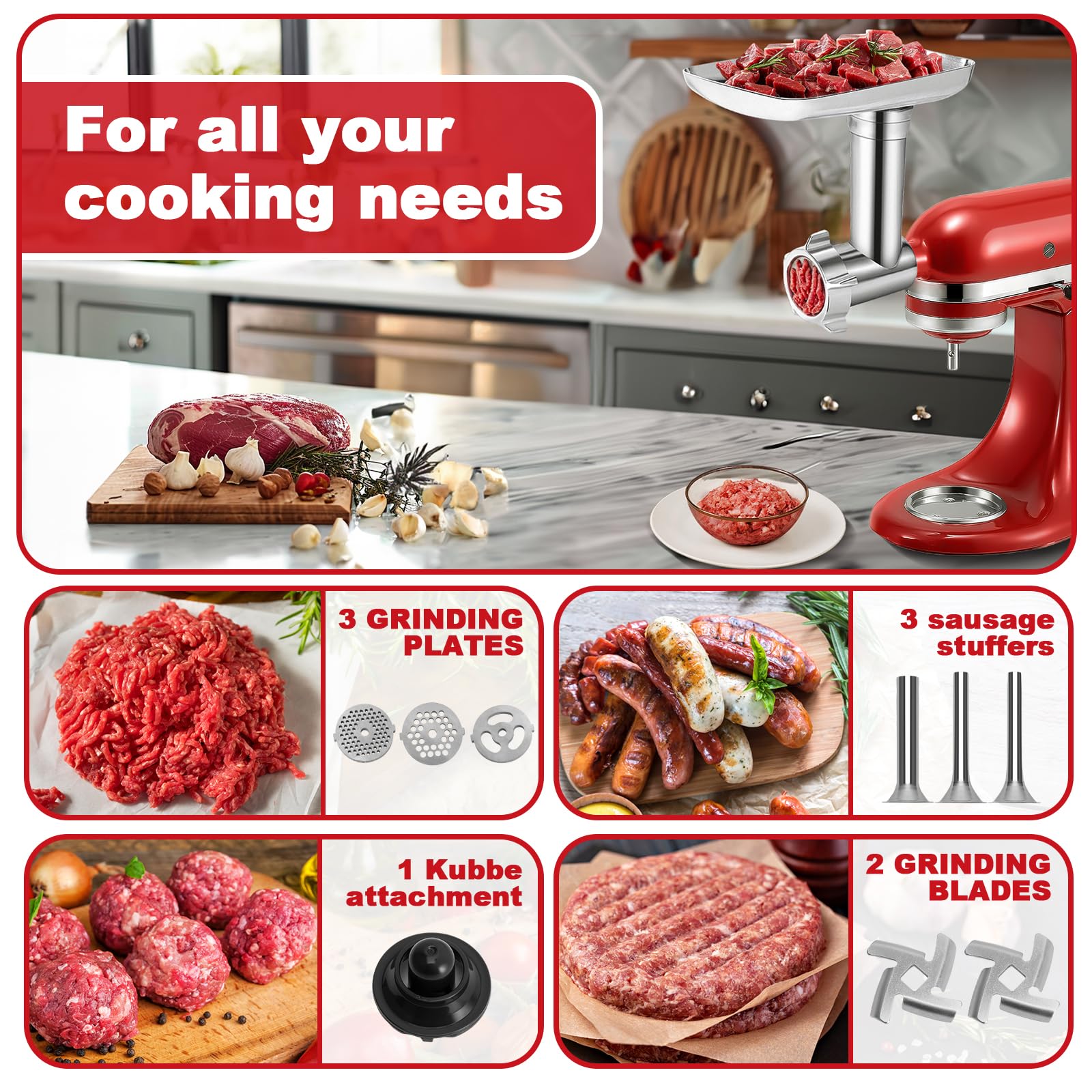 Meat Grinder Attachment for KitchenAid Stand Mixer – Metal Food Grinder with 4 Grinding Plates, 3 Sausage Stuffer Tubes & 2 Blades – Compatible with KitchenAid Mixers (Mixer Not Included)